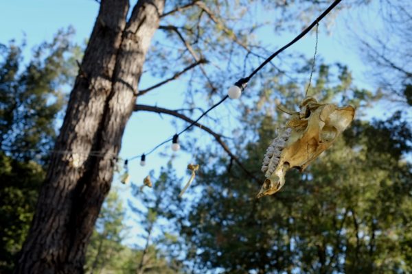 Silence, 2020. Cadillac, guirlandes lumineuses, 70 os, feuilles d'or et de cuivre, cheveux, faucon, grive, geai, caille, dimensions variables. Production Casell'arte, Venaco, Corse, 2020.