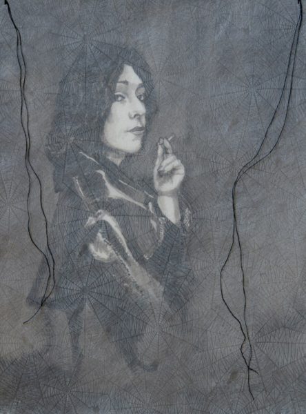 Cobra (d'après Christer Strömholm), 2019. Encre de Chine, papier cristal, toile d'araignée, fil de coton, 23 x 31 cm.