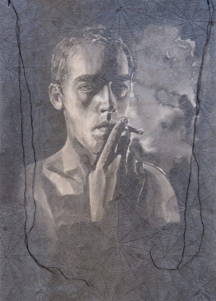 David Wojnarowicz (d'après Peter Hujar) #2, 2019. Encre de Chine, papier cristal, toile d'araignée, fil de coton, 26 x 36 cm.