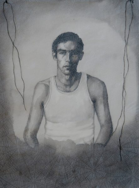 Peter Hujar, 2019. Encre de Chine, papier cristal, toile d'araignée, fil de coton x 31 cm.